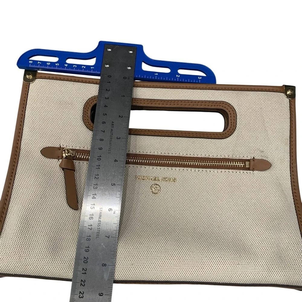 Michael Kors Jane Large Canvas Clutch Natural Leather Trim NEW 30T1GJBC3C